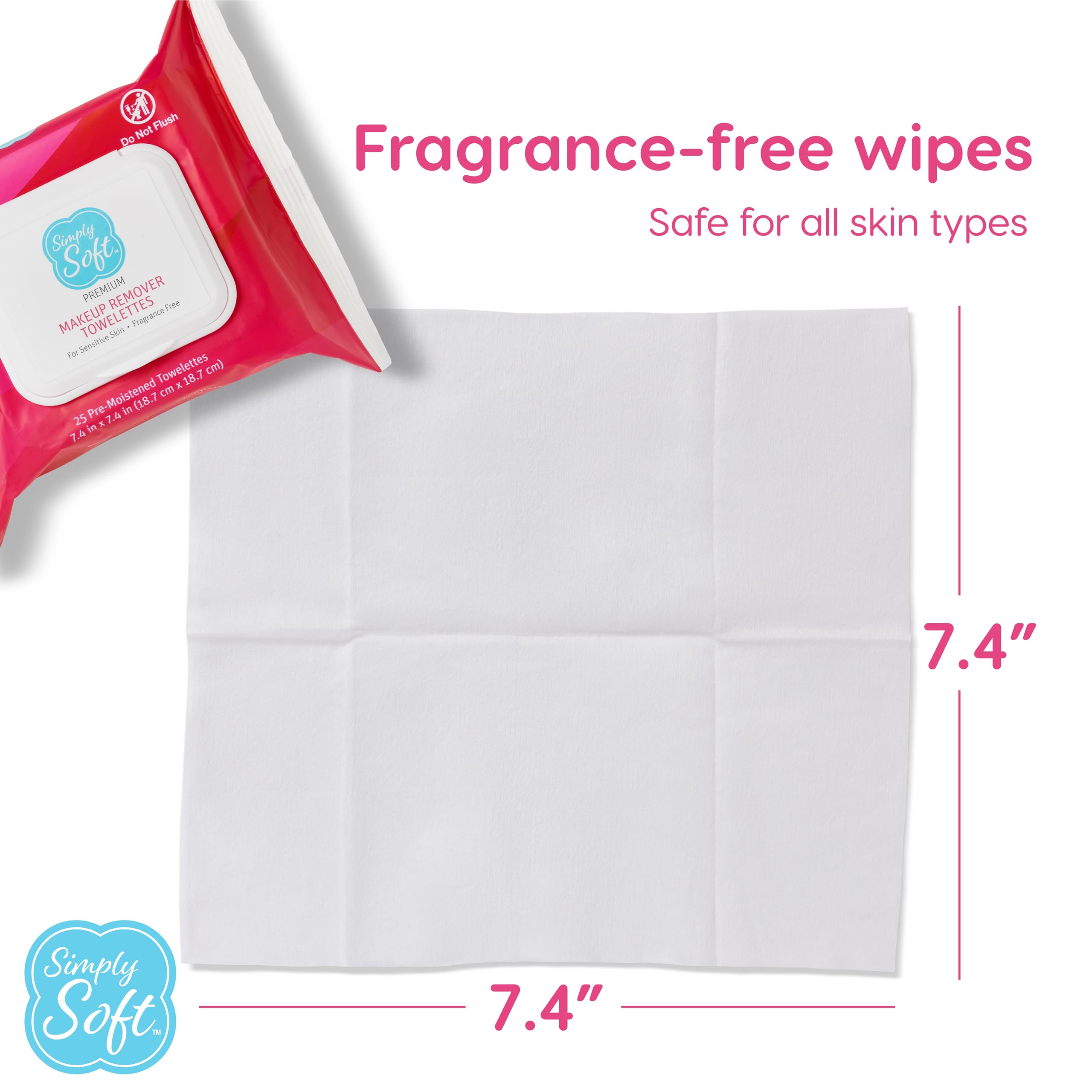 Simply Soft Makeup Remover Wipes, Premium Facial Cleansing Towelettes, Fragrance-Free, Hypoallergenic, pH Balanced, 25 ct. (2 Flip-top Packs)