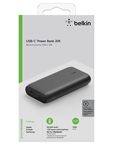 Belkin BoostCharge USB-C PD 20k mAh Power Bank, Portable iPhone Charger, Battery Charger for Apple iPhone, iPad Pro, Samsung Galaxy, & More with USB-C Cable Included - Black