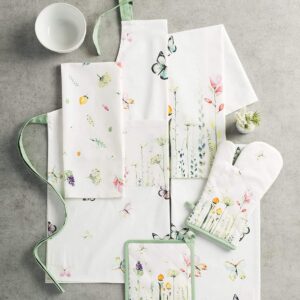 Maison d' Hermine Botanical Fresh Bundle Set 100% Cotton Apron (27.50" by 31.50") Set of 3 Kitchen Towels (20" by 27.5") and Oven Mitt (7.5" by 13")/Pot Holder (8" by 8")