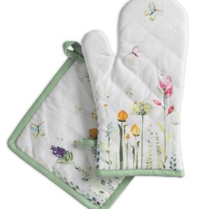 Maison d' Hermine Botanical Fresh Bundle Set 100% Cotton Apron (27.50" by 31.50") Set of 3 Kitchen Towels (20" by 27.5") and Oven Mitt (7.5" by 13")/Pot Holder (8" by 8")