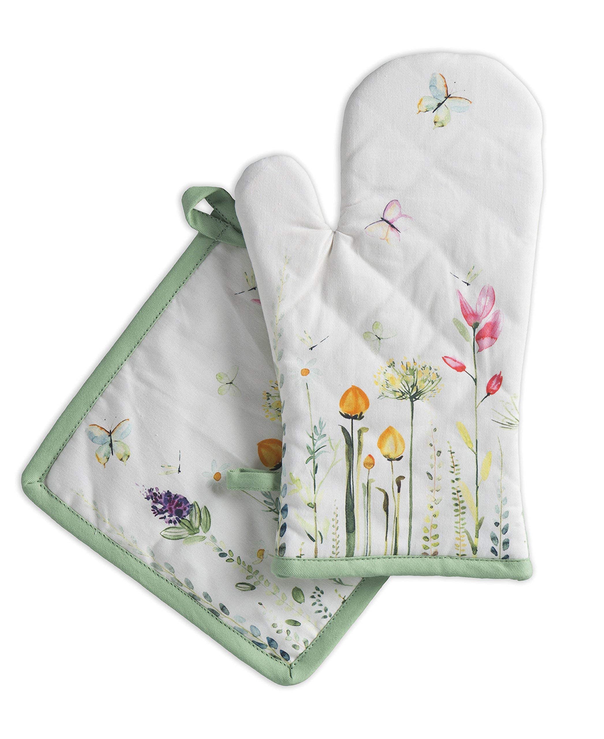 Maison d' Hermine Botanical Fresh Bundle Set 100% Cotton Apron (27.50" by 31.50") Set of 3 Kitchen Towels (20" by 27.5") and Oven Mitt (7.5" by 13")/Pot Holder (8" by 8")