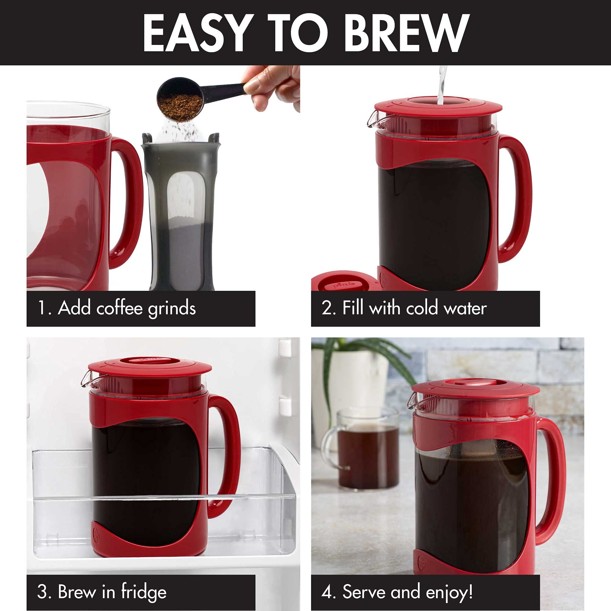 Primula Burke Deluxe Cold Brew Iced Coffee Maker, Comfort Grip Handle, Durable Glass Carafe, Removable Mesh Filter, Perfect 6 Cup Size, Dishwasher Safe, 1.6 qt, Red