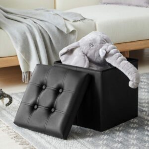 YOUDENOVA 15 inches Folding Storage Ottoman, Cube Storage Boxes Footrest Stool, Small Ottomans with Foam Padded Seat, Support 300lbs (Black, Leather)