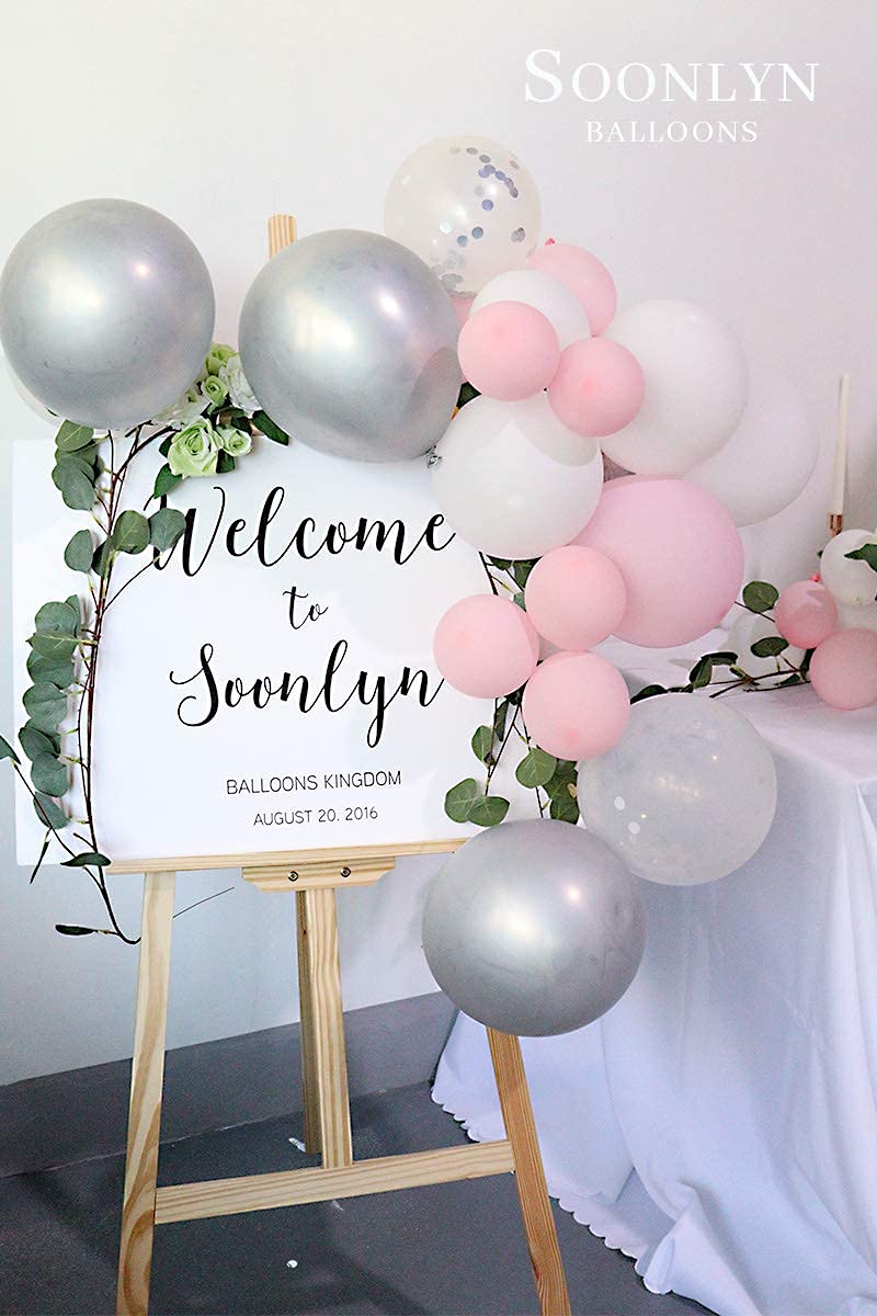 Soonlyn Pink Balloon Garland Kit 130 Pcs 12 In Pink Silver Metallic Balloons White Latex Balloons Arch Kit for Baby Shower Decorations Girl Birthday Party Bridal Shower Wedding