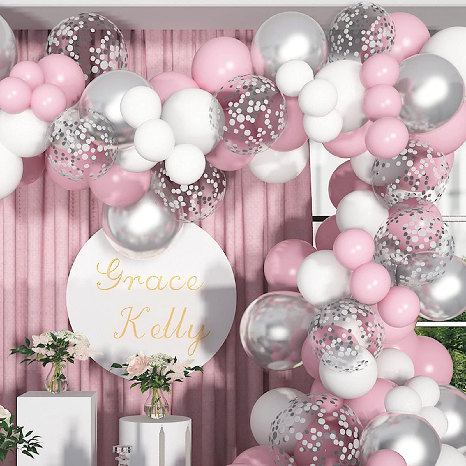 Soonlyn Pink Balloon Garland Kit 130 Pcs 12 In Pink Silver Metallic Balloons White Latex Balloons Arch Kit for Baby Shower Decorations Girl Birthday Party Bridal Shower Wedding