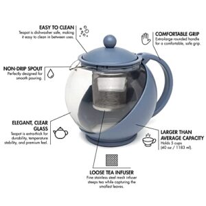 Primula Half Moon Teapot with Removable Infuser, Glass Tea Maker with Reusable Fine Mesh Stainless Steel Filter, Dishwasher Safe, 40-Ounce, Blue