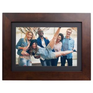 brookstone photoshare 10.1” smart digital picture frame, send pics from phone to frames, wifi, 8 gb, holds 5,000+ pics, hd touchscreen, premium espresso wood, easy setup, no fees