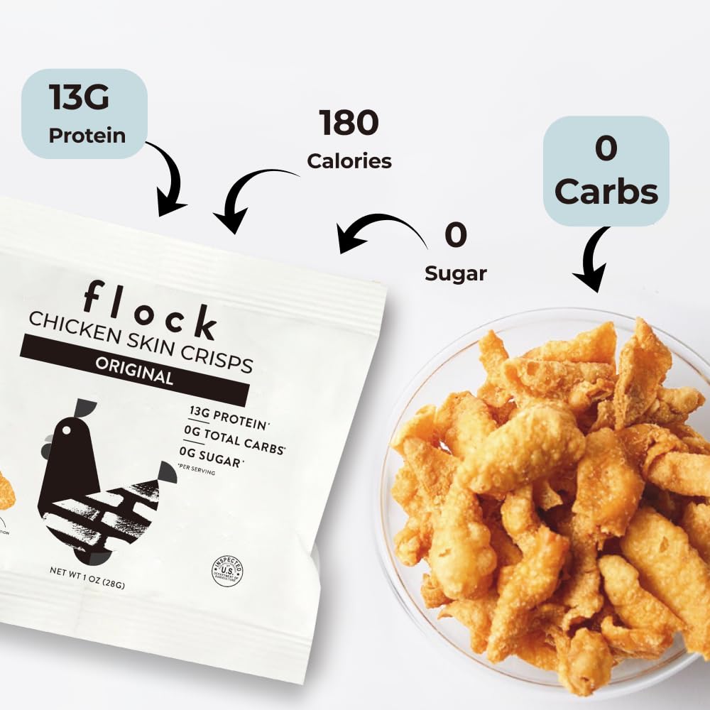 Flock Keto Chicken Skin Chips | Original Flavor | Low Carb, High Protein, Sugar Free, Gluten Free Fried Chicken Skins - Chicken Chips for People | (1oz) 8-Pack Crispy Chicken Flock Chips