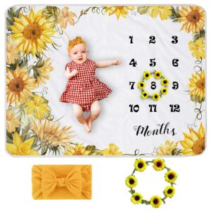 yoothy sunflower baby monthly milestone blanket girl, floral newborns month blanket gift for baby shower, soft plush photo prop blanket, wreath &headband included, 45''x40''
