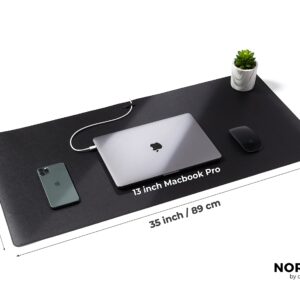 Nordik Leather Desk Mat Cable Organizer (Pebble Black 35 X 17 inch) Premium Extended Mouse Mat for Home Office Accessories - Felt Vegan Large Leather Desk Pad Protector & Desk Blotter Pads Decor