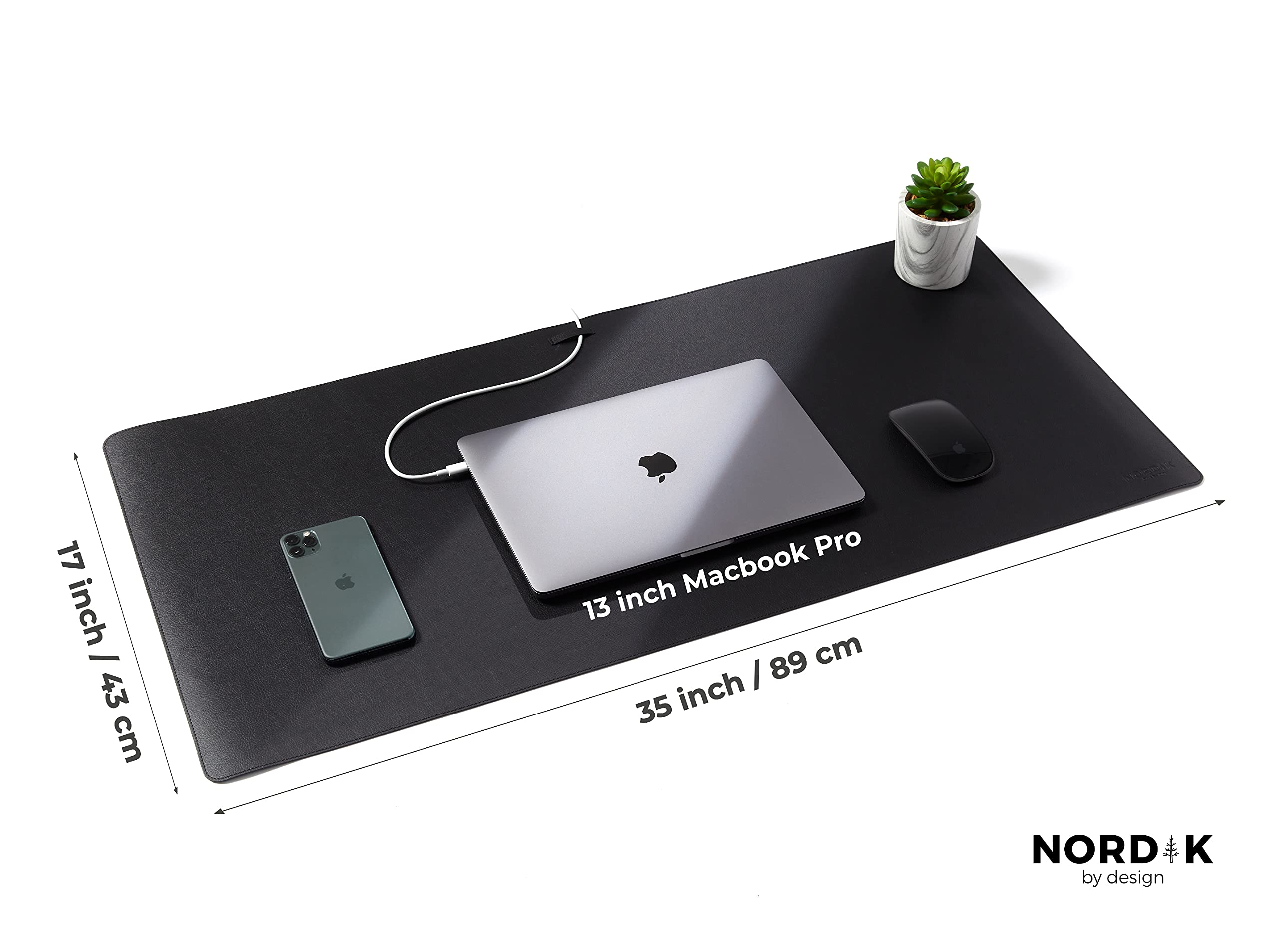 Nordik Leather Desk Mat Cable Organizer (Pebble Black 35 X 17 inch) Premium Extended Mouse Mat for Home Office Accessories - Felt Vegan Large Leather Desk Pad Protector & Desk Blotter Pads Decor