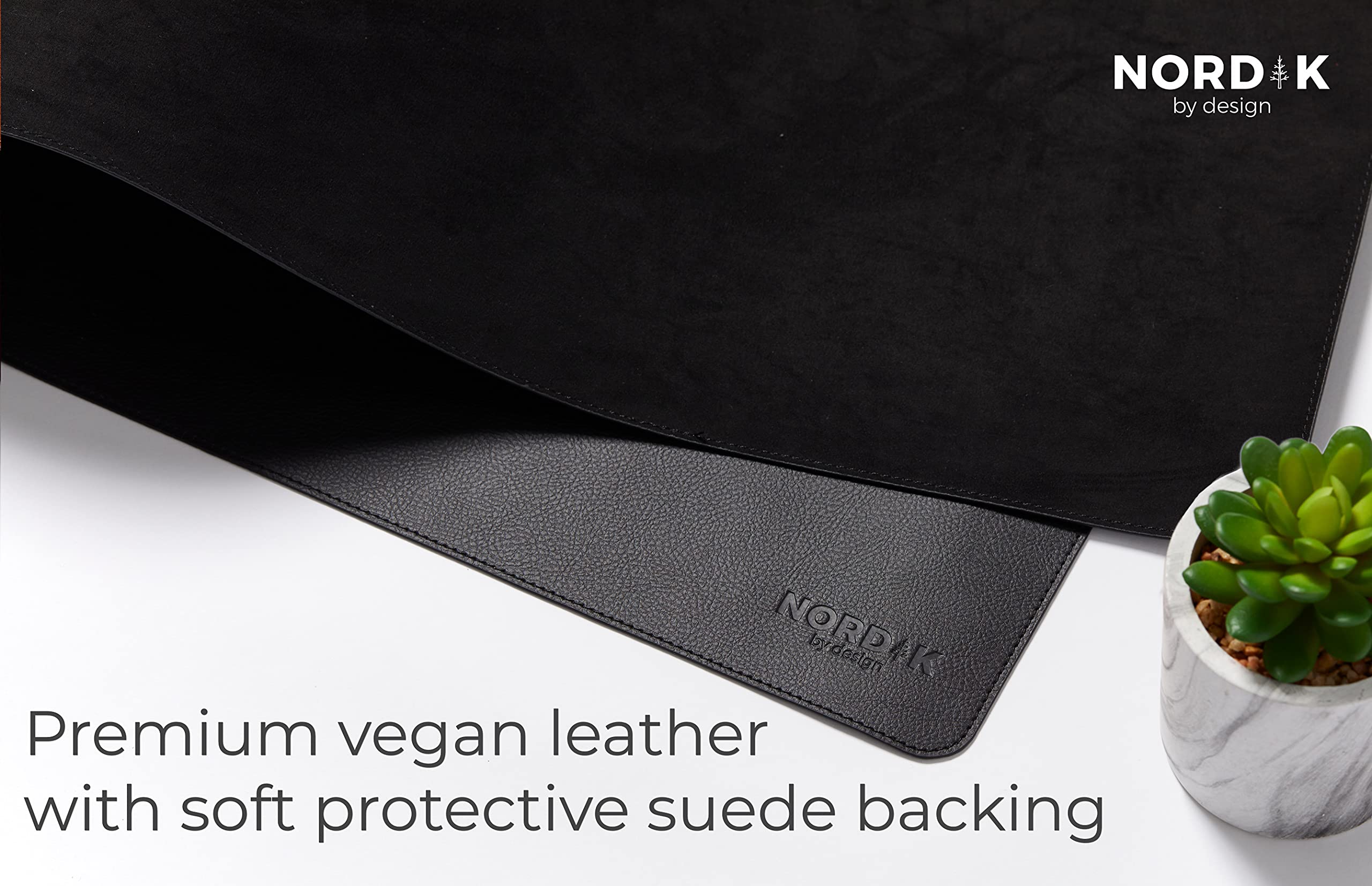 Nordik Leather Desk Mat Cable Organizer (Pebble Black 35 X 17 inch) Premium Extended Mouse Mat for Home Office Accessories - Felt Vegan Large Leather Desk Pad Protector & Desk Blotter Pads Decor