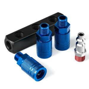 TAISHER 3-Way Straight Air Manifold 4 Ports Aluminum Industrial Pneumatic Air Compressor Quick Connect Socket In Line Type Air Hose Splitter with 3 Couplers and 1/4" Male NPT Plug
