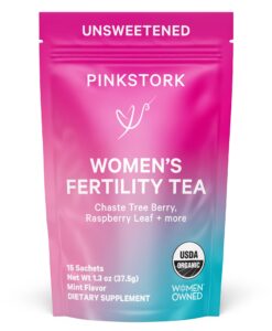 pink stork fertility tea for conception and hormone balance with organic mint, vitex, and red raspberry leaf, caffeine free - mint, 15 sachets