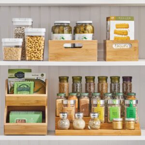 mDesign Bamboo Stackable Food Storage Organization Bin Basket - Wide Open Front for Kitchen Cabinets, Pantry, Offices, Closets, Holds Snacks, Dry Goods, Packets, Spices, Teas - Natural Wood