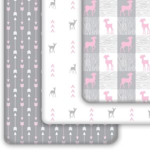 grow wild pack n play sheets 3-pack | baby mini crib sheets for girls | soft pack and play mattress and crib bedding set | playard jersey cotton fitted crib sheets | white grey pink deer and arrows