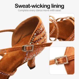 SWDZM Women's Rhinestone Dance Shoes Ballroom Latin Salsa Performance Practice Dancing Shoes,L377,Bronze,Heel 3'',US 7