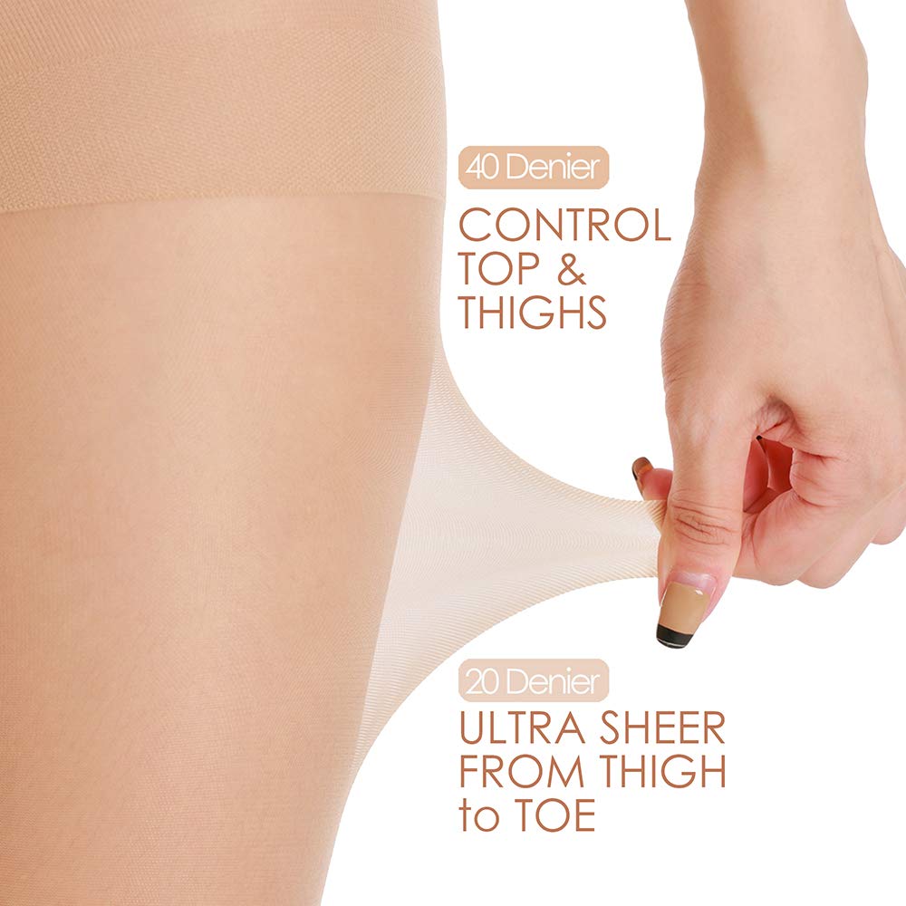 G&Y 3 Pairs Women's Sheer Tights - 20D Control Top Pantyhose with Reinforced Toes, Nude, L