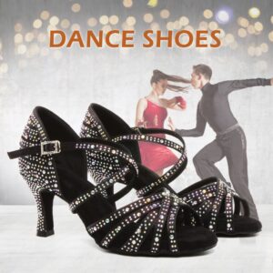 SWDZM Women's Rhinestone Dance Shoes Ballroom Latin Salsa Performance Practice Dancing Shoes,L377,Black,Heel 3 1/3'',US 8