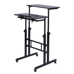 aiz mobile standing desk, adjustable computer desk rolling laptop cart on wheels home office computer workstation, portable laptop stand for small spaces tall table for standing or sitting, black