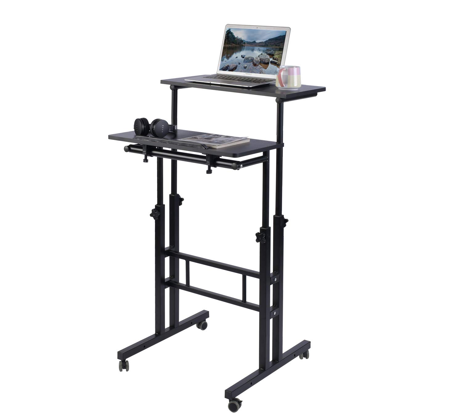 AIZ Mobile Standing Desk, Adjustable Computer Desk Rolling Laptop Cart on Wheels Home Office Computer Workstation, Portable Laptop Stand for Small Spaces Tall Table for Standing or Sitting, Black