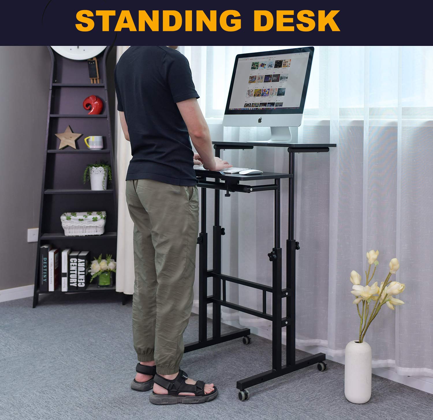 AIZ Mobile Standing Desk, Adjustable Computer Desk Rolling Laptop Cart on Wheels Home Office Computer Workstation, Portable Laptop Stand for Small Spaces Tall Table for Standing or Sitting, Black