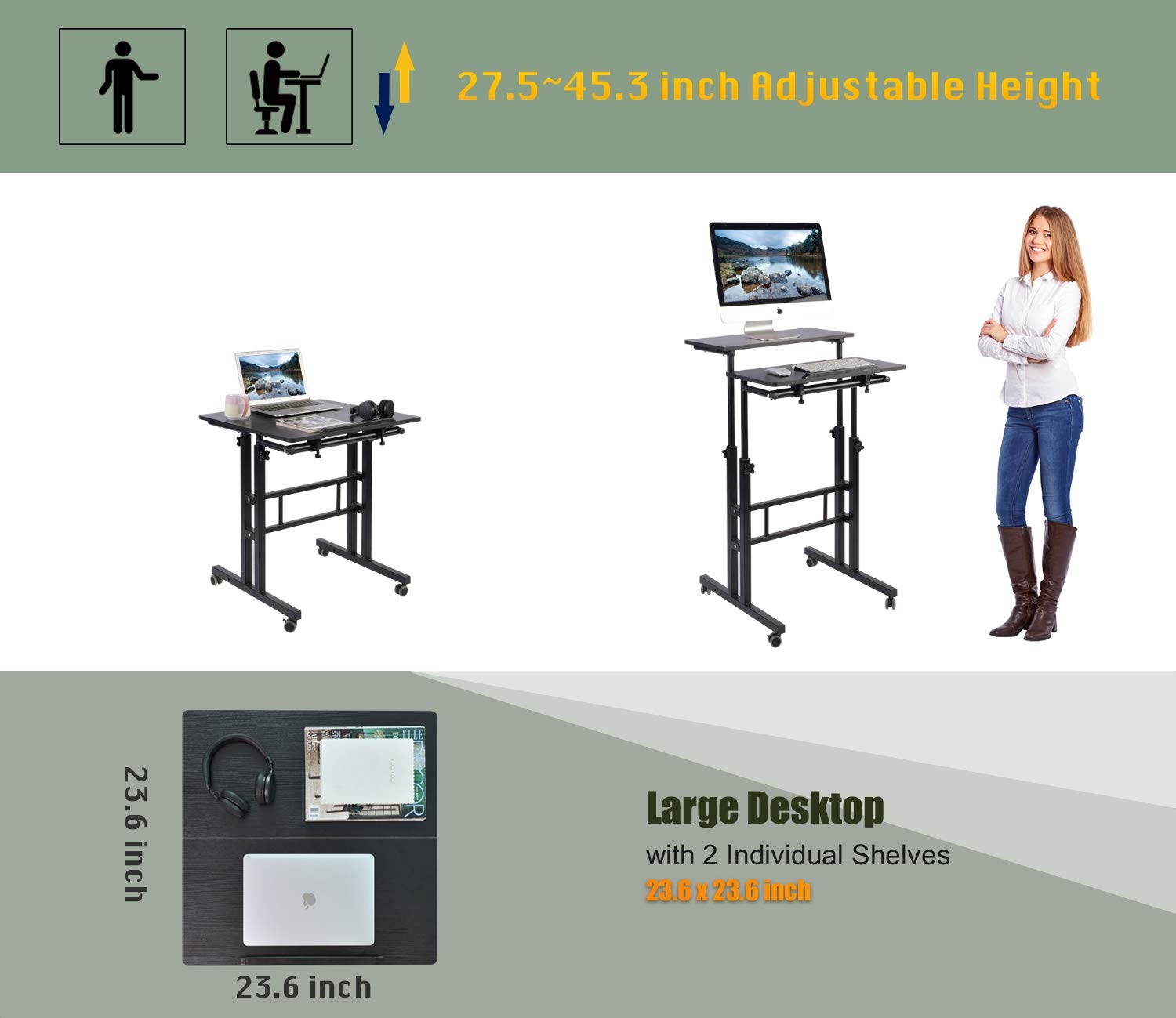 AIZ Mobile Standing Desk, Adjustable Computer Desk Rolling Laptop Cart on Wheels Home Office Computer Workstation, Portable Laptop Stand for Small Spaces Tall Table for Standing or Sitting, Black