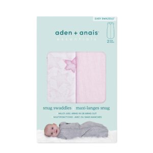 Aden + Anais Essentials Easy Snug Swaddle, Transitions to Arms-Free Wearable Sleeping Bag, Newborn, 0-3 Months, Twinkling Stars, Pink, 2 Pack