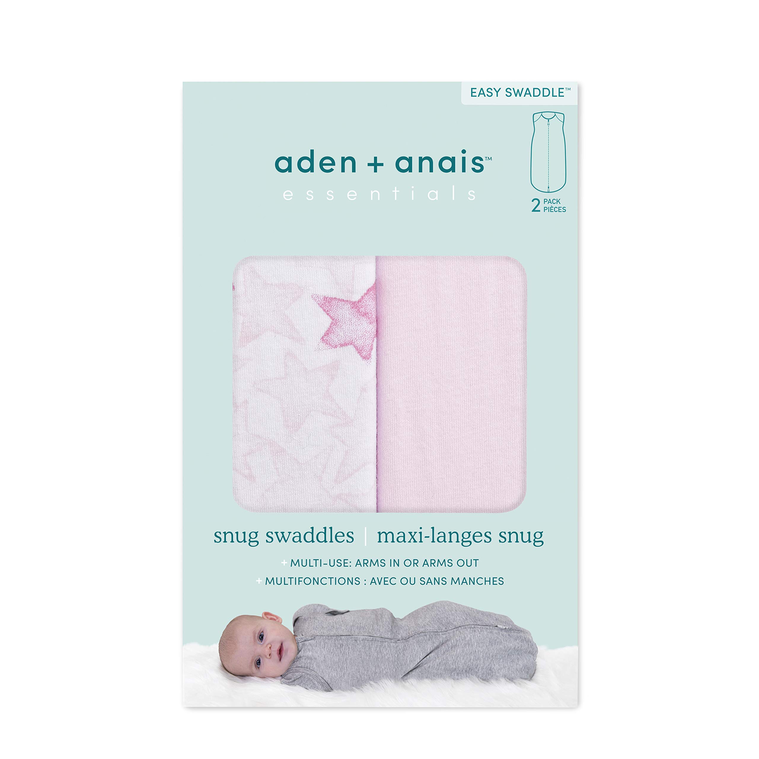 Aden + Anais Essentials Easy Snug Swaddle, Transitions to Arms-Free Wearable Sleeping Bag, Newborn, 0-3 Months, Twinkling Stars, Pink, 2 Pack