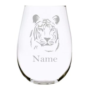 tiger with name 17 oz. stemless wine glass