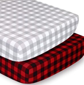 the peanutshell crib sheet set for baby boys or girls - red, black & grey buffalo plaid - 2 pack set