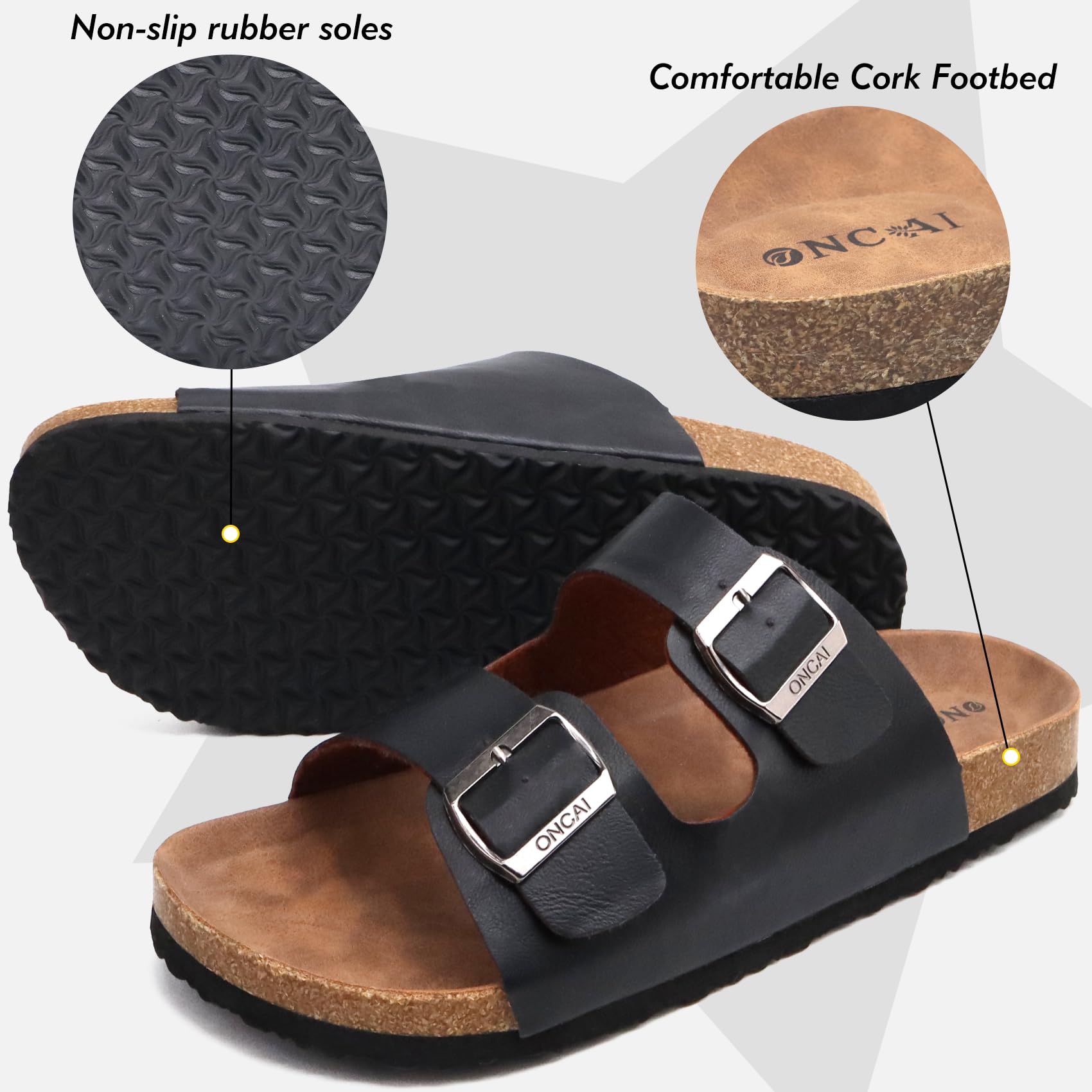 ONCAI Mens Sandals,Beach Arch Support Slides Cork Footbed Slippers with Adjustable Buckle Straps Black Size 11