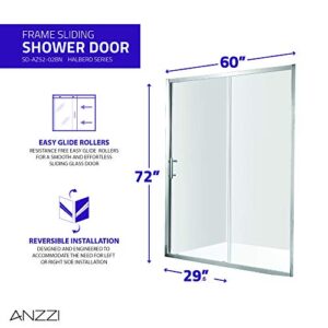 ANZZI 72 x 60 inch Framed Shower Door in Brushed Nickel, Halberd Water Repellent Glass Shower Door with Seal Strip Parts, Easy Glide Rollers Sliding Shower Door, SD-AZ052-02BN