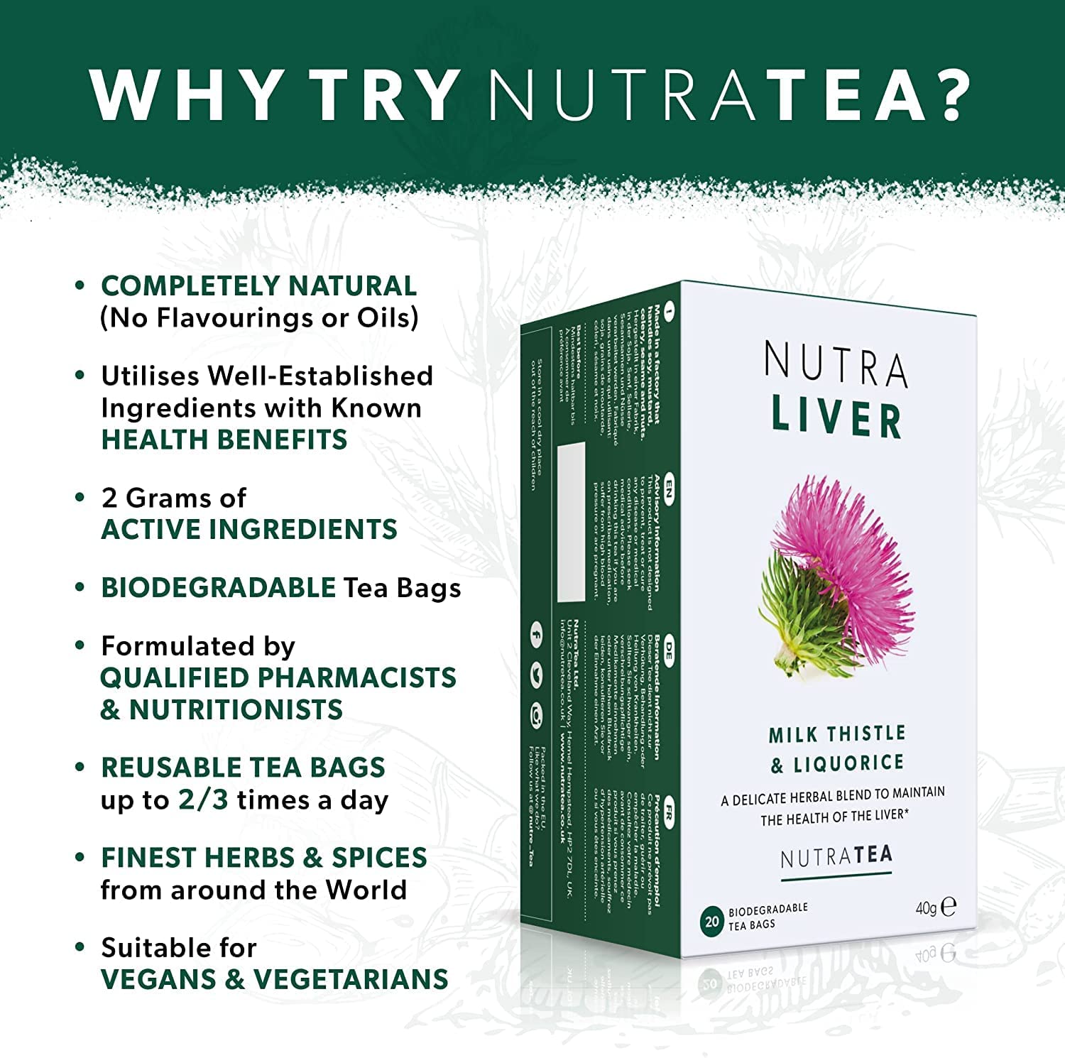 NUTRALIVER - Detox Tea for Liver Cleansing and Support - With Milk Thistle, Turmeric & Fennel - 20 Tea Bags - Herbal Tea by Nutra Tea