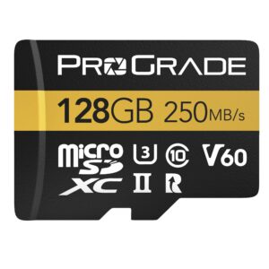 prograde digital microsd memory card - v60 microsd card for dslr and action cameras - high speed transfer of files & large storage - up to 250mb/s read and 130mb/s write speed 128 gb