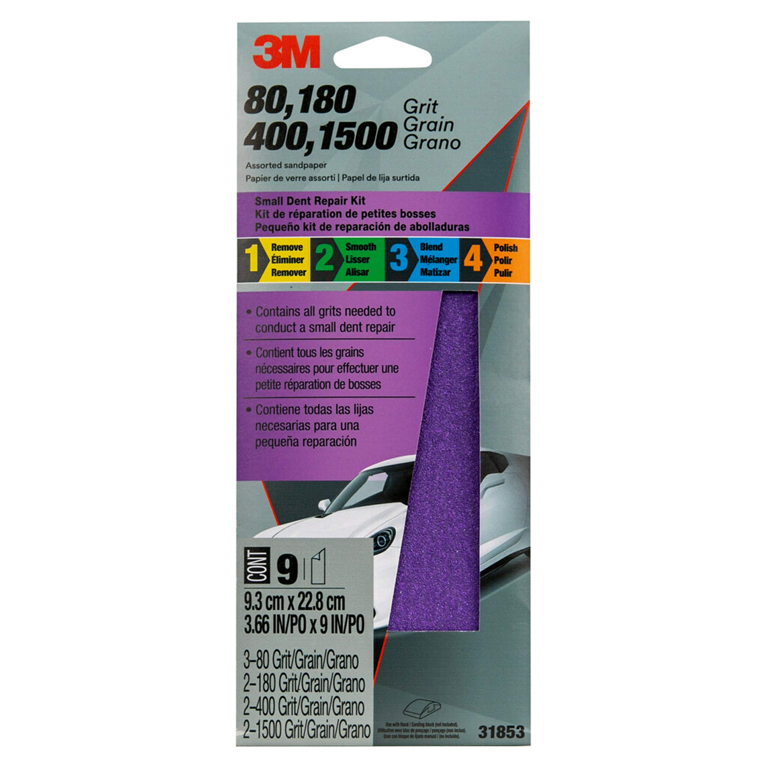 3M Auto Small Dent Repair Sanding Kit w/ 80, 180, 400, and 1500 Grit Sheets, 3 2/3 in x 9 in, 9 Sheets Total