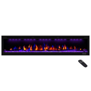 masarflame luxurious 74" electric fireplace, wall mounted&in wall recessed fireplace heater, adjustable flame color & top light, remote&touch control with timer&thermostat, log & crystal set
