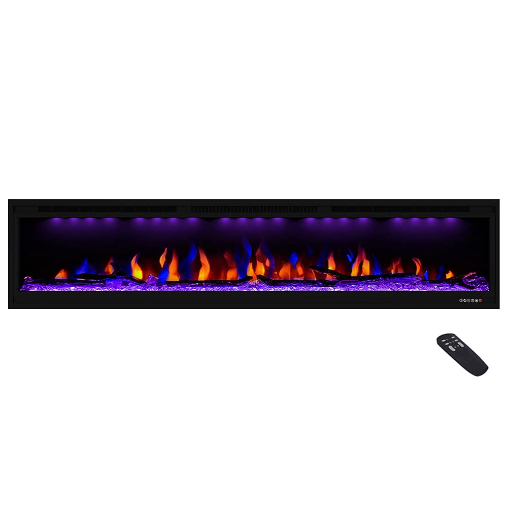 Masarflame Luxurious 74" Electric Fireplace, Wall Mounted&in Wall Recessed Fireplace Heater, Adjustable Flame Color & Top Light, Remote&Touch Control with Timer&Thermostat, Log & Crystal Set