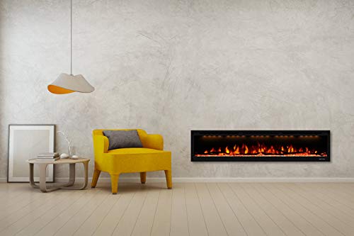 Masarflame Luxurious 74" Electric Fireplace, Wall Mounted&in Wall Recessed Fireplace Heater, Adjustable Flame Color & Top Light, Remote&Touch Control with Timer&Thermostat, Log & Crystal Set