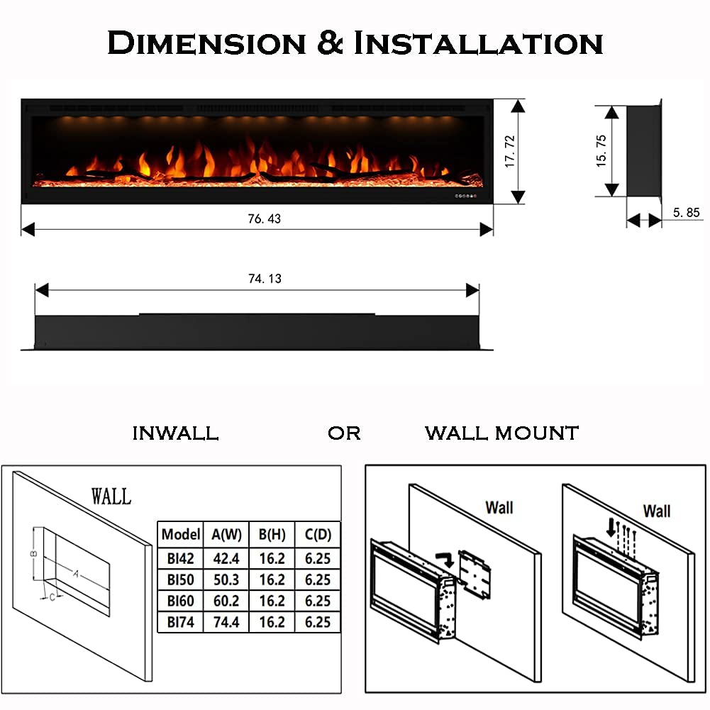 Masarflame Luxurious 74" Electric Fireplace, Wall Mounted&in Wall Recessed Fireplace Heater, Adjustable Flame Color & Top Light, Remote&Touch Control with Timer&Thermostat, Log & Crystal Set