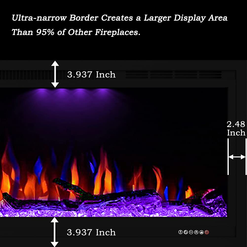 Masarflame Luxurious 74" Electric Fireplace, Wall Mounted&in Wall Recessed Fireplace Heater, Adjustable Flame Color & Top Light, Remote&Touch Control with Timer&Thermostat, Log & Crystal Set