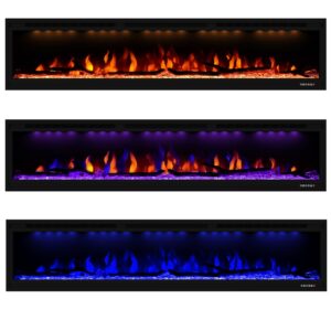 Masarflame Luxurious 74" Electric Fireplace, Wall Mounted&in Wall Recessed Fireplace Heater, Adjustable Flame Color & Top Light, Remote&Touch Control with Timer&Thermostat, Log & Crystal Set