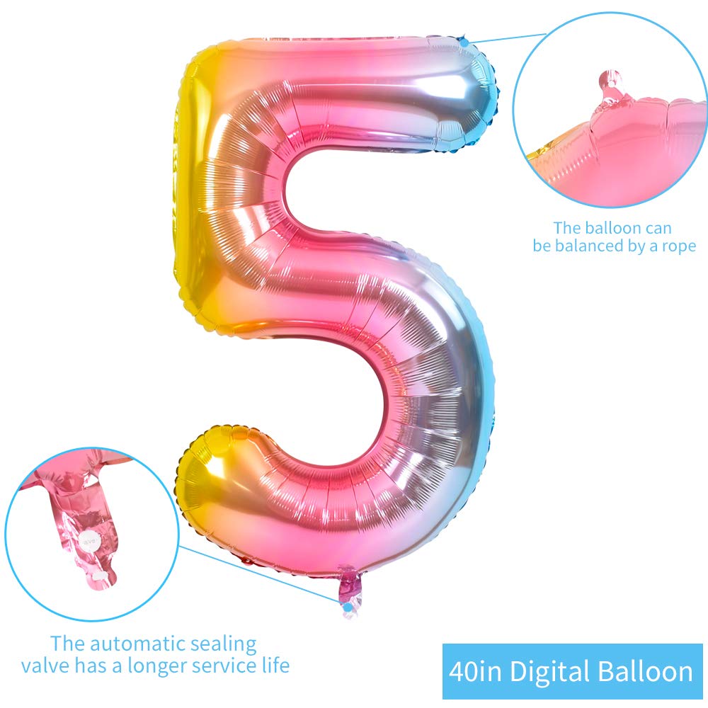 TONIFUL 40 Inch Rainbow Large Numbers Balloons 0-9, Number 5 Digit 5 Helium Balloons, Foil Mylar Big Number Balloons for Birthday Unicorn Party Anniversary Supplies Decorations