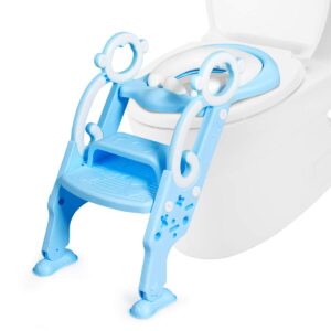 baby joy kids portable potty training toilet seat w/step stool ladder, foldable adjustable toddler toilet training seat chair with non-slip pads and soft cushion seat, for boys girls toddlers (blue)