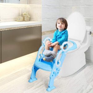 BABY JOY Kids Portable Potty Training Toilet Seat w/Step Stool Ladder, Foldable Adjustable Toddler Toilet Training Seat Chair with Non-Slip Pads and Soft Cushion Seat, for Boys Girls Toddlers (Blue)