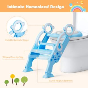 BABY JOY Kids Portable Potty Training Toilet Seat w/Step Stool Ladder, Foldable Adjustable Toddler Toilet Training Seat Chair with Non-Slip Pads and Soft Cushion Seat, for Boys Girls Toddlers (Blue)