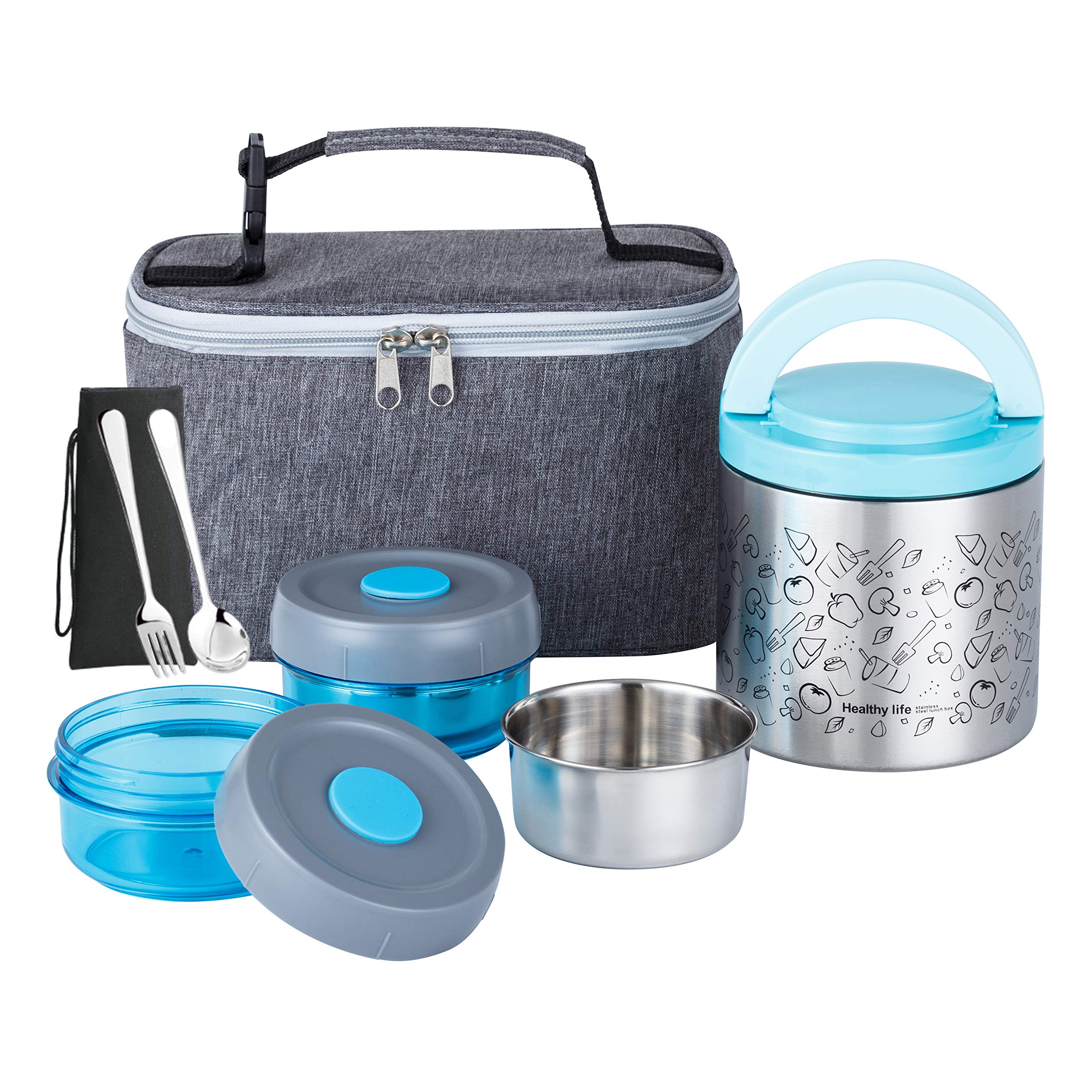 Lille Home Vacuum Insulated Lunch Box Set for Men & Women - Leak-Proof Bento Box, Meal Prep & Food Storage Containers, Lunch Bag, Portable Silverware Set(Blue)