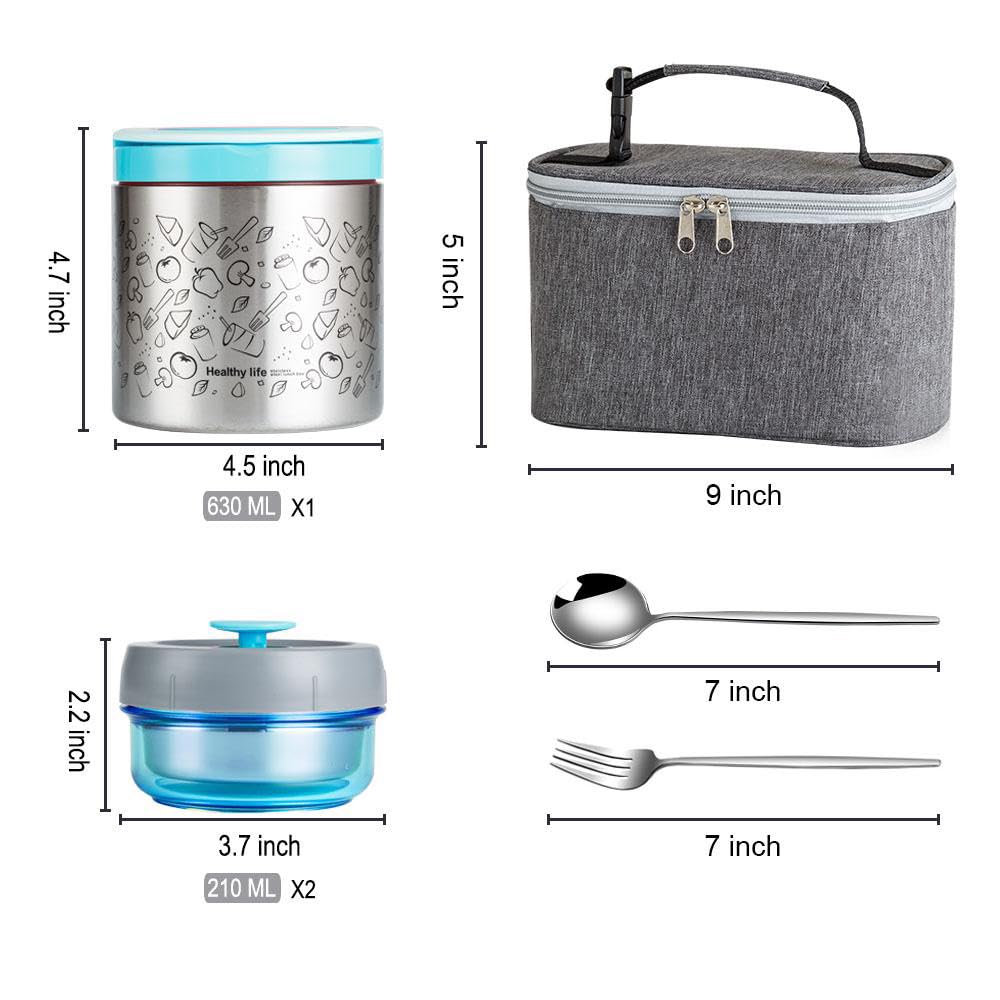 Lille Home Vacuum Insulated Lunch Box Set for Men & Women - Leak-Proof Bento Box, Meal Prep & Food Storage Containers, Lunch Bag, Portable Silverware Set(Blue)