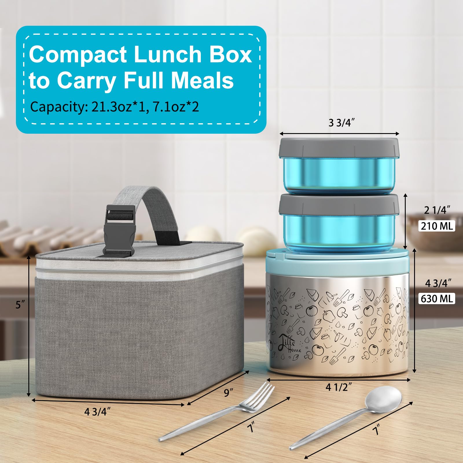 Lille Home Vacuum Insulated Lunch Box Set for Men & Women - Leak-Proof Bento Box, Meal Prep & Food Storage Containers, Lunch Bag, Portable Silverware Set(Blue)