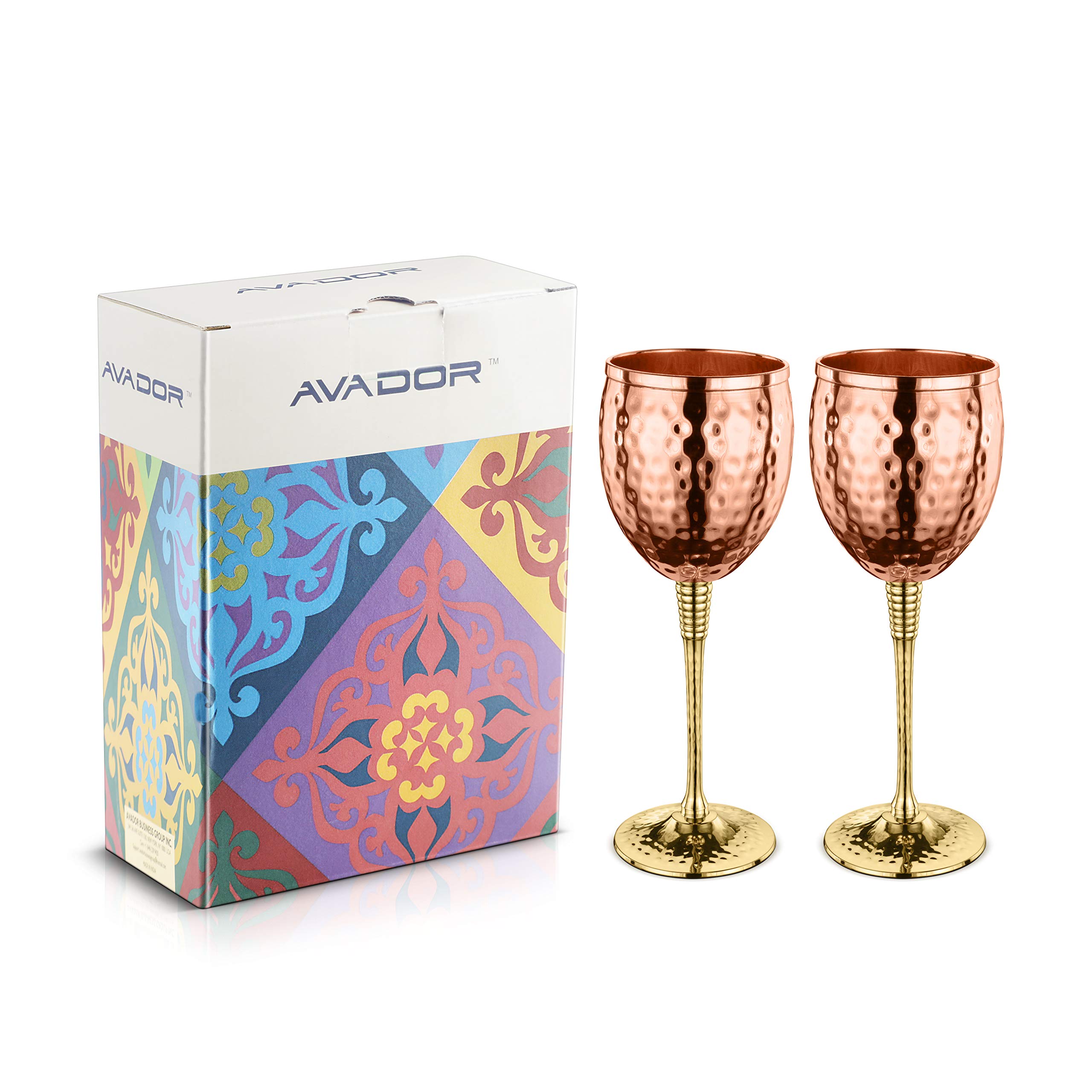 AVADOR Set of 2 Shatterproof 100% Handcrafted Copper Wine Glasses Hammered Finish 16 Oz. Gift Set